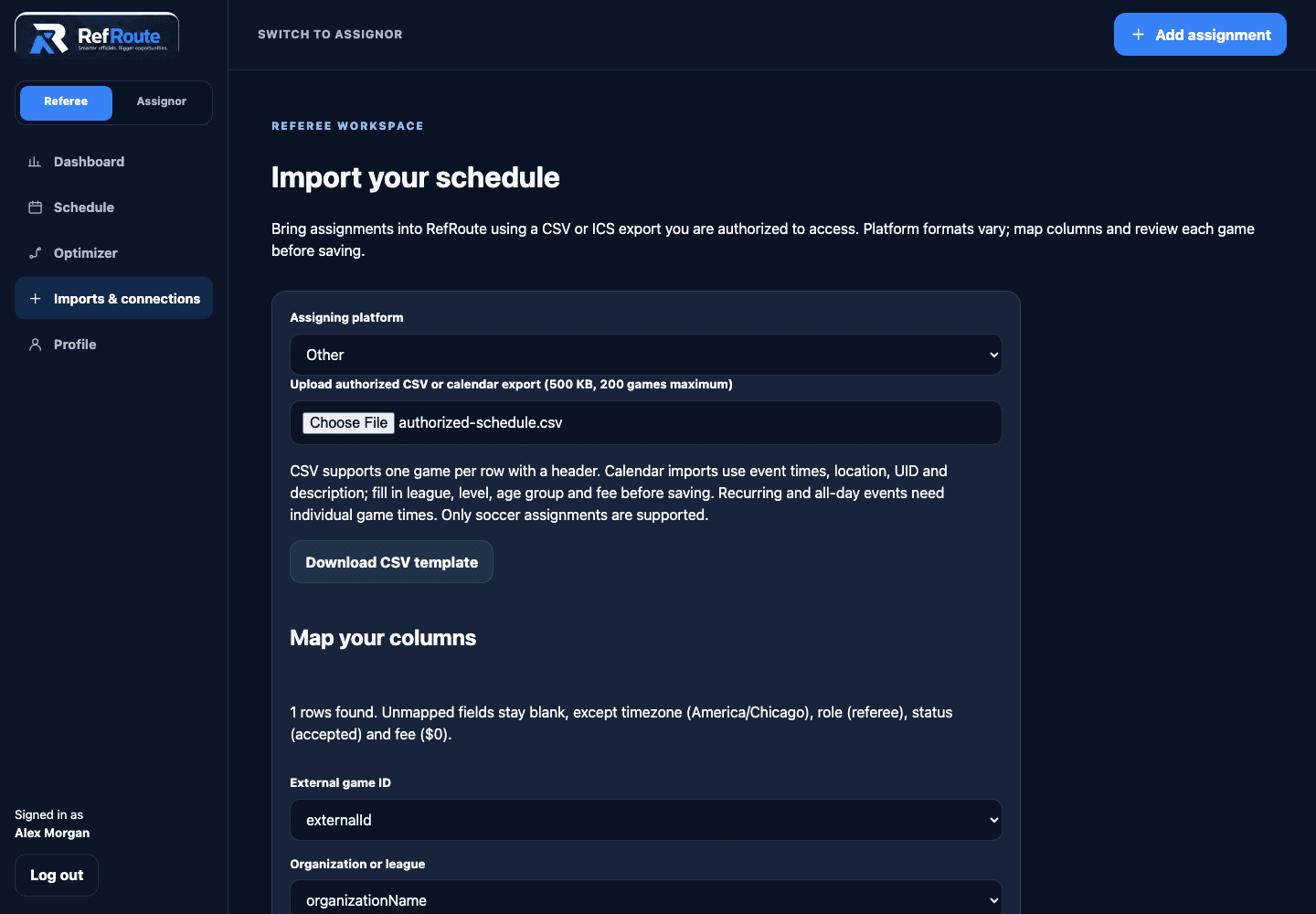 RefRoute referee schedule import showing an authorized CSV upload and column mapping