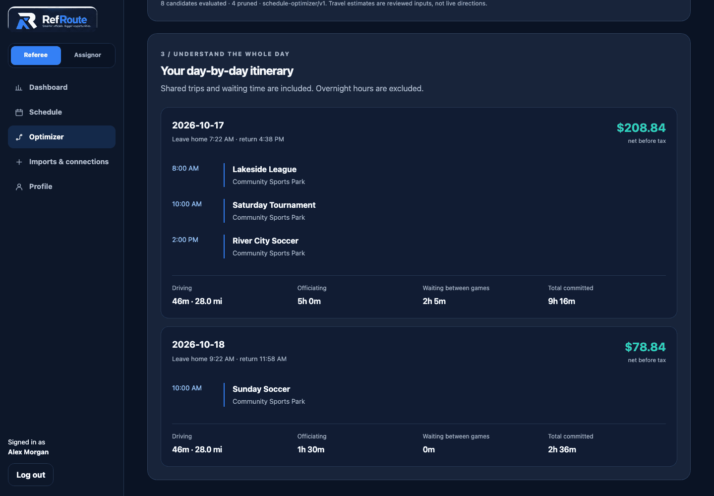 RefRoute optimizer daily itinerary showing games, shared travel, waiting time and total commitment