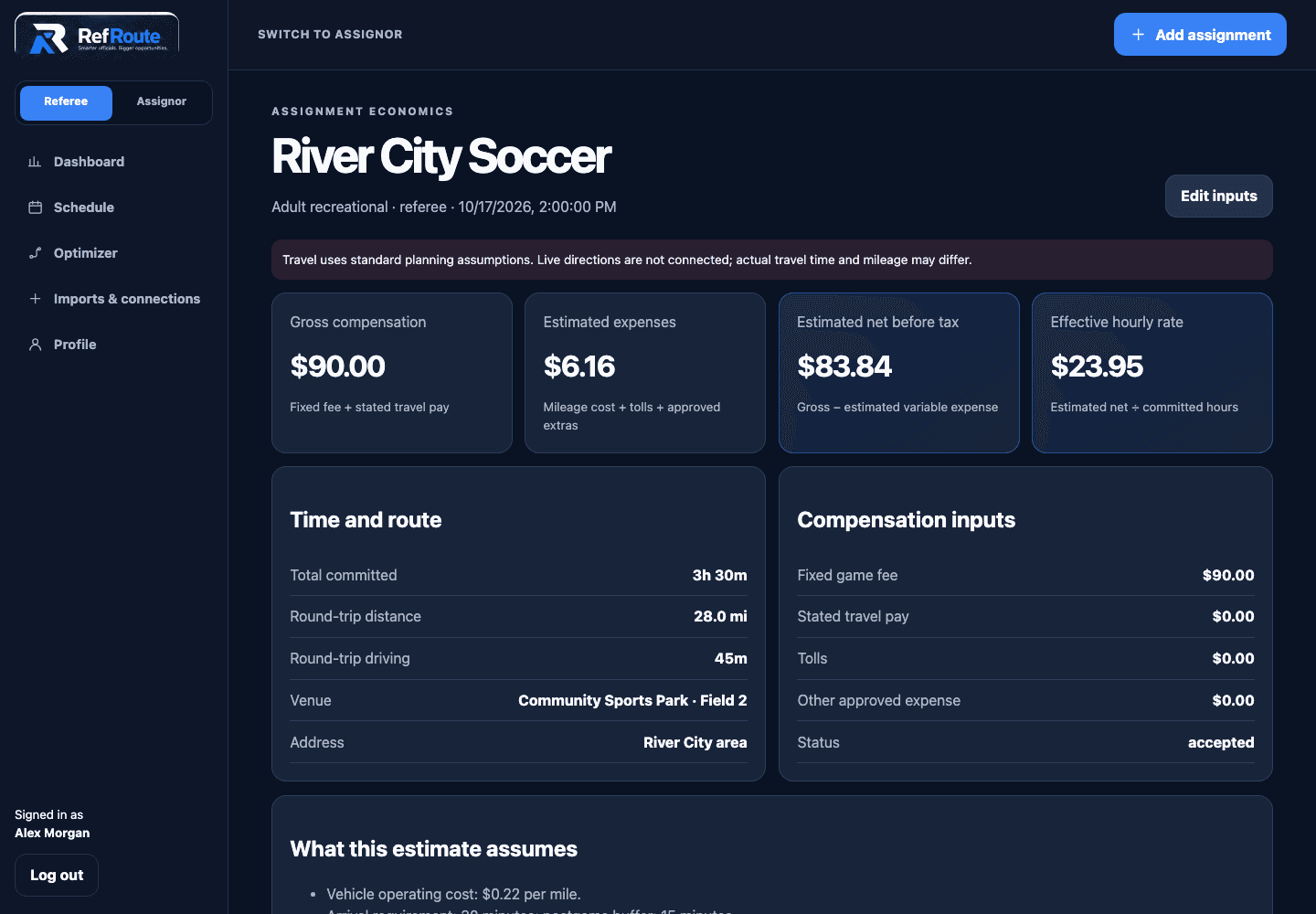 RefRoute official assignment detail showing estimated expenses, committed time, and effective hourly value