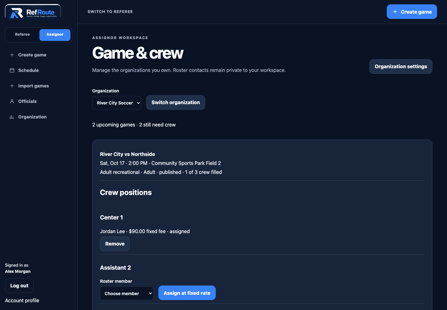 RefRoute assignor game detail showing crew positions, an assigned official, and fixed fees